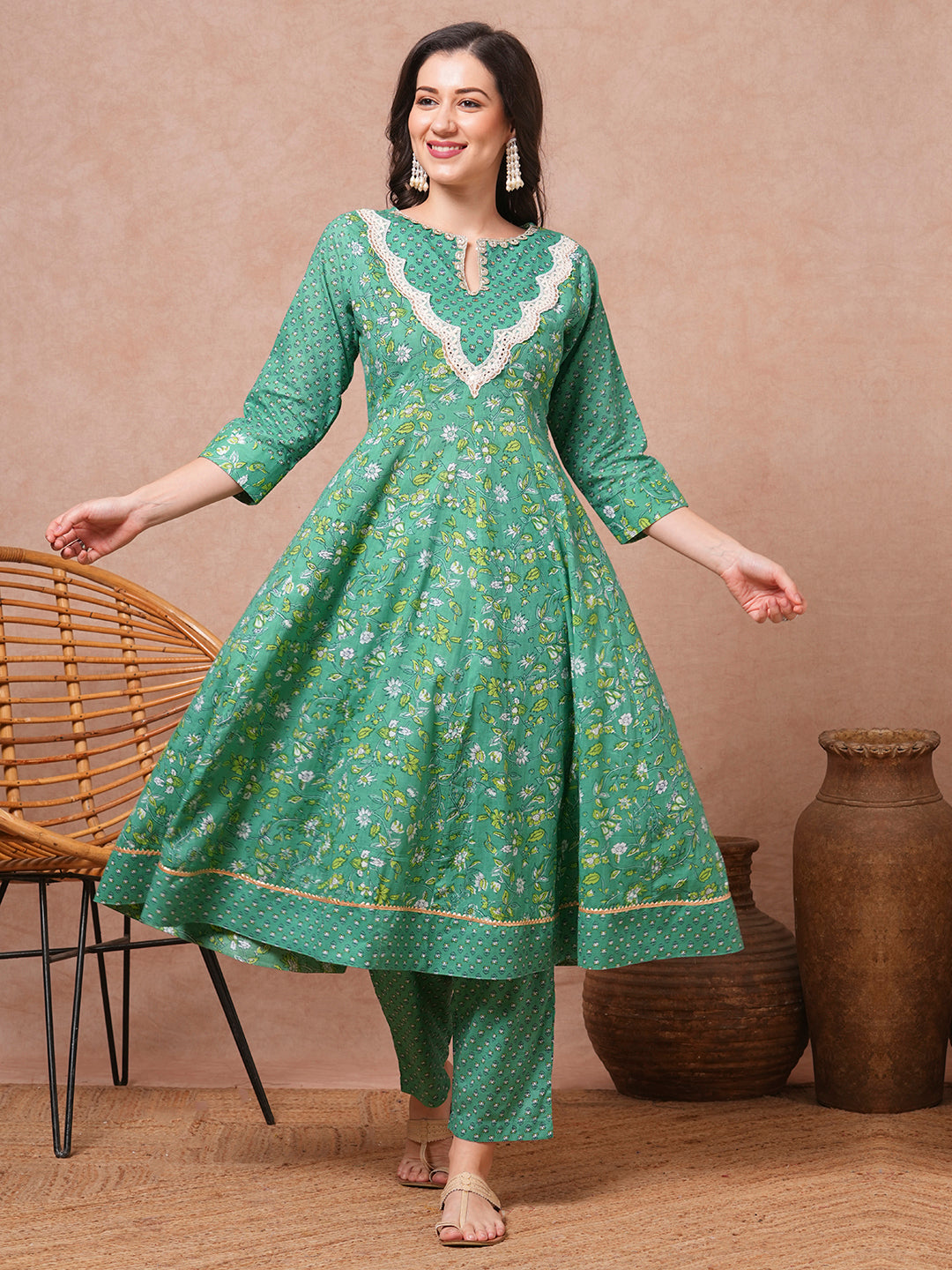 Ethnic Printed & Embroidered Anarkali Flared Kurta with Pant - Green