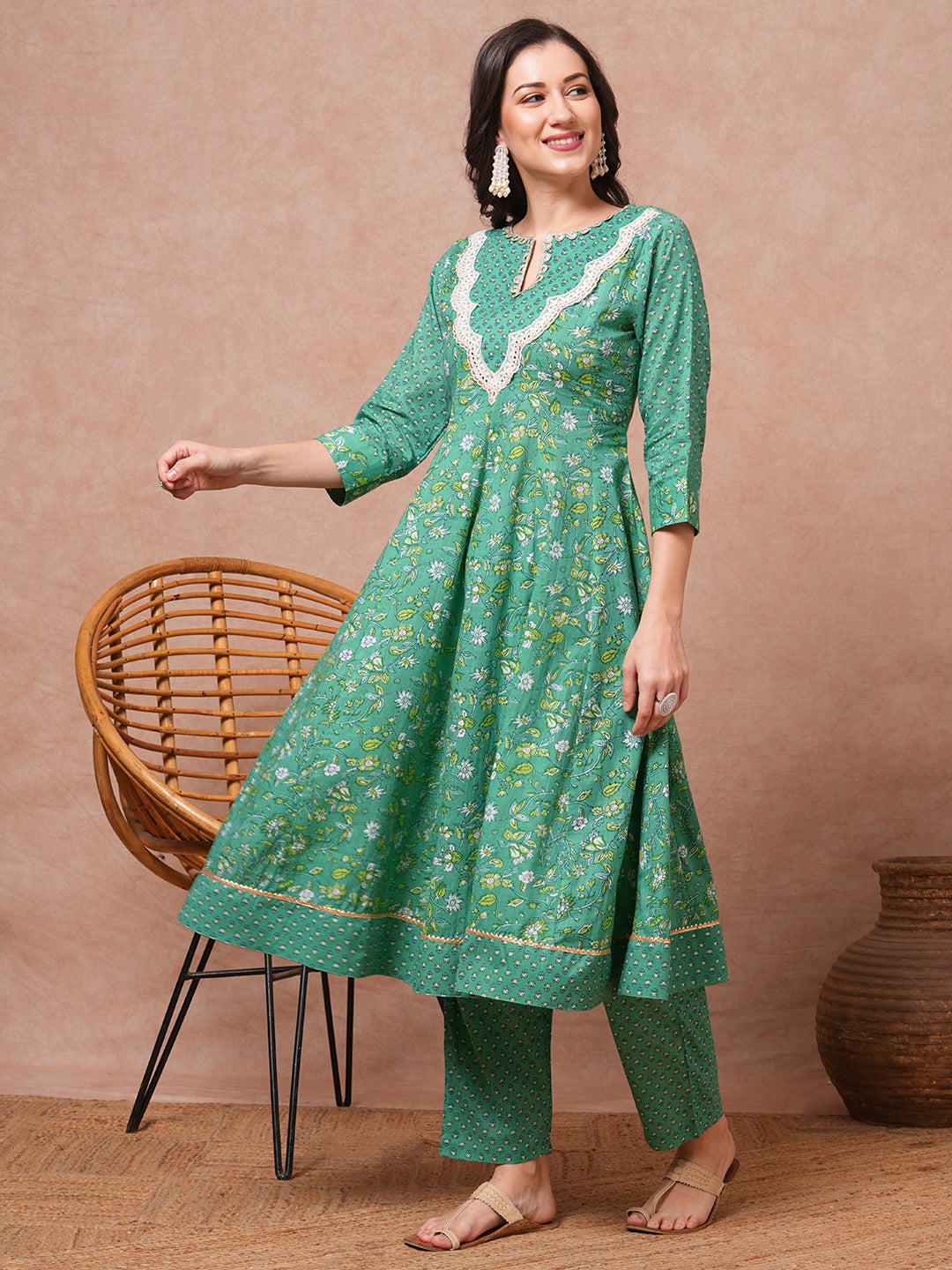 Ethnic Printed & Embroidered Anarkali Flared Kurta with Pant - Green