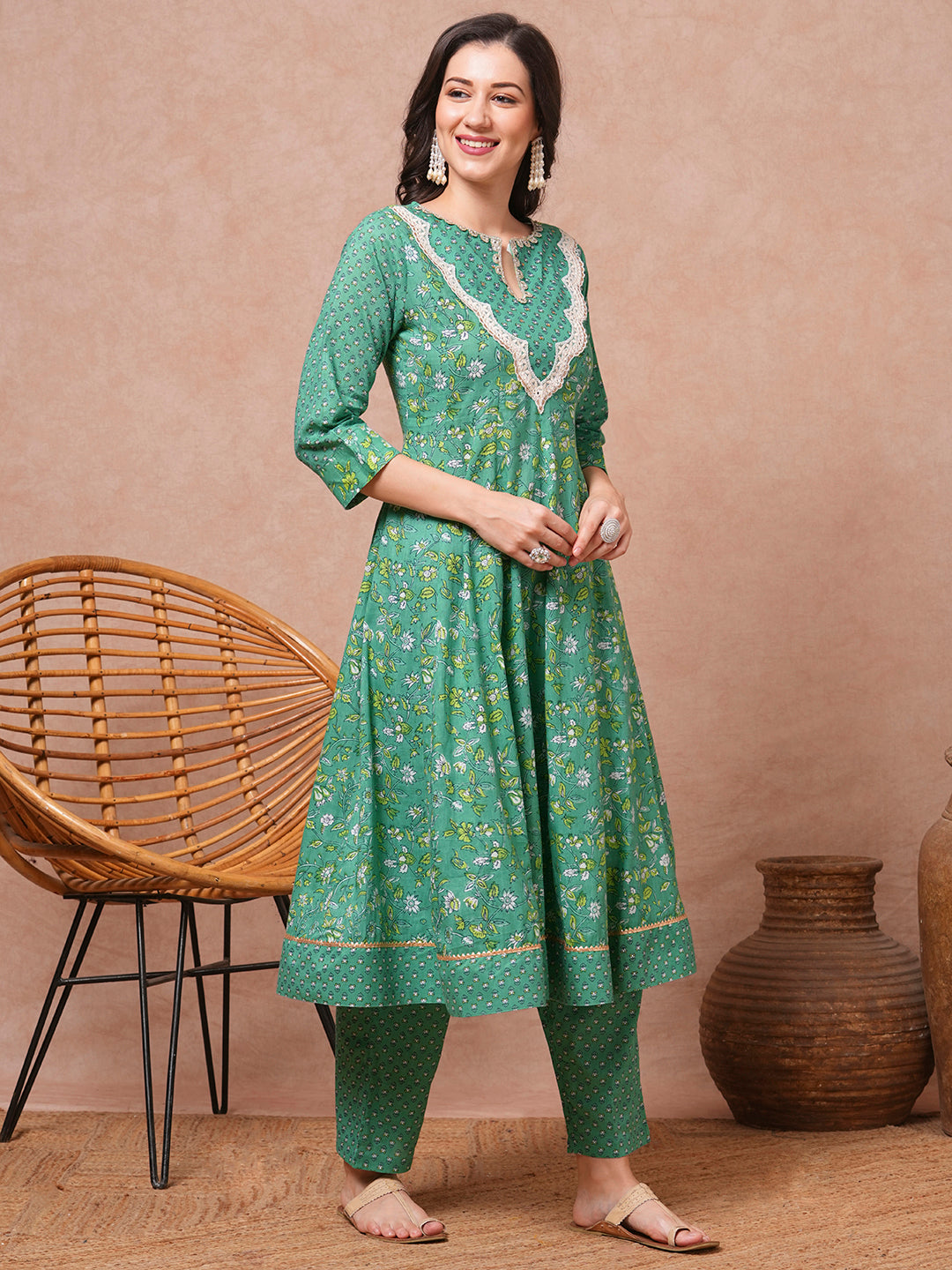 Ethnic Printed & Embroidered Anarkali Flared Kurta with Pant - Green