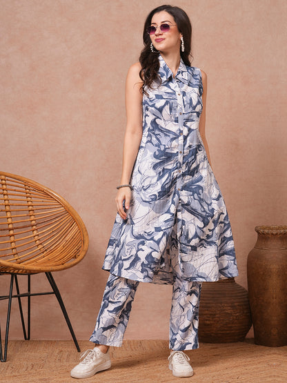 Abstract Floral Printed A-Line Flared Co-ord Set - Blue