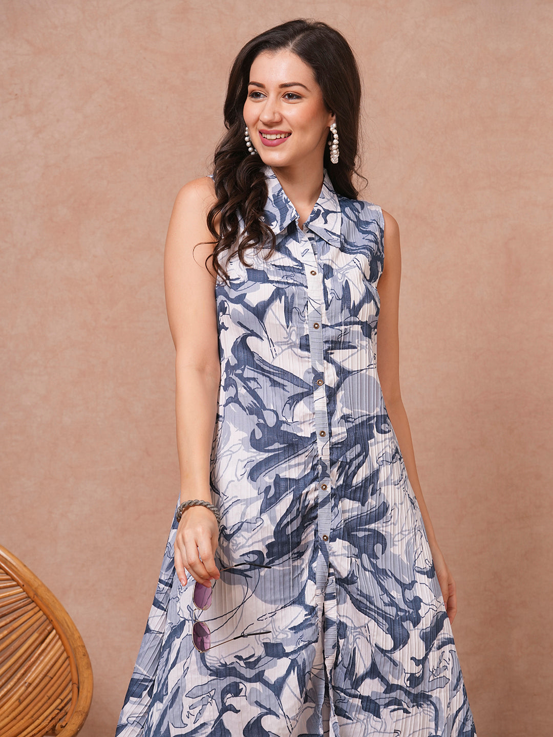 Abstract Floral Printed A-Line Flared Co-ord Set - Blue