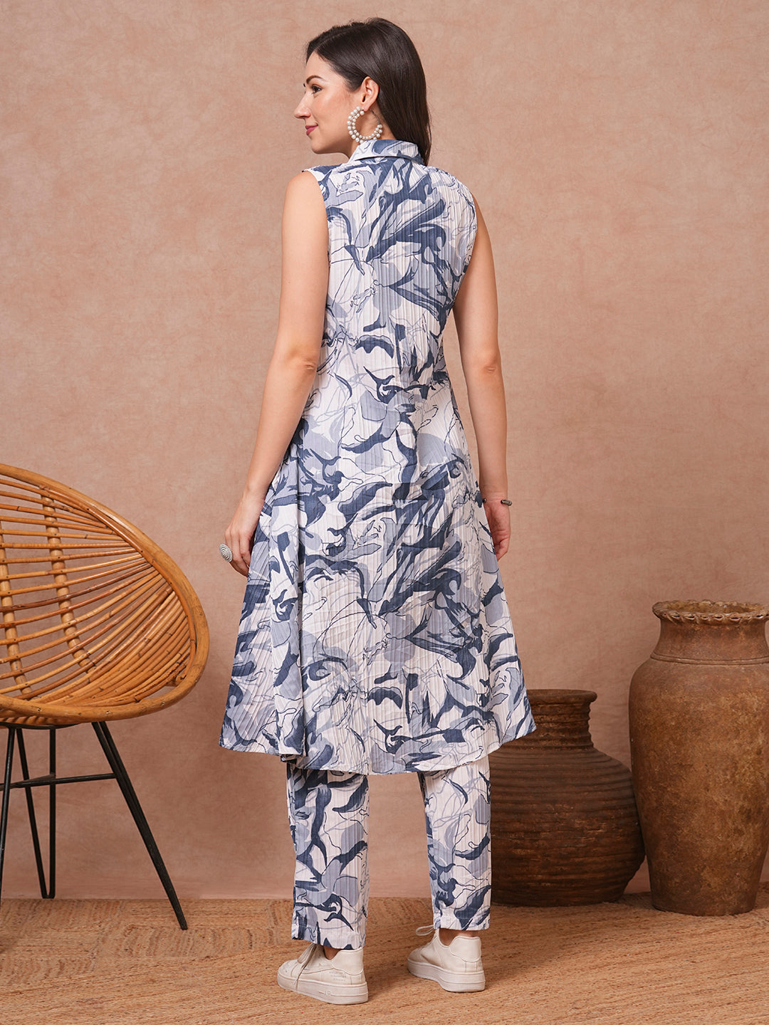 Abstract Floral Printed A-Line Flared Co-ord Set - Blue