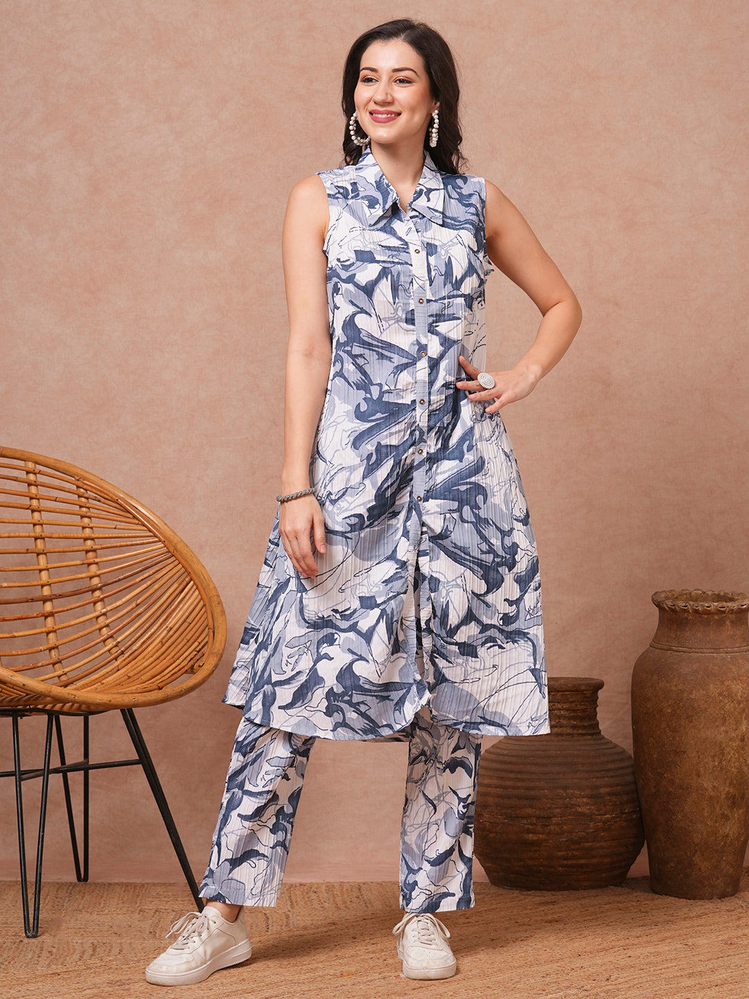 Abstract Floral Printed A-Line Flared Co-ord Set - Blue