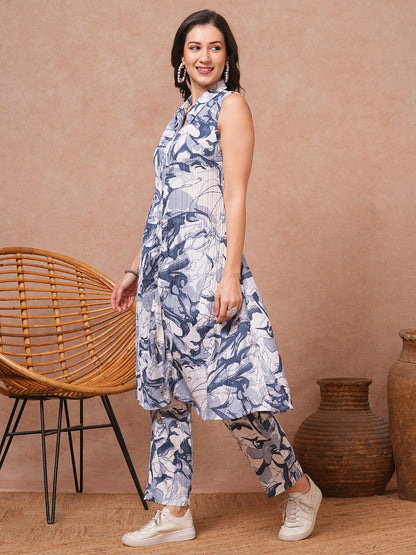 Abstract Floral Printed A-Line Flared Co-ord Set - Blue