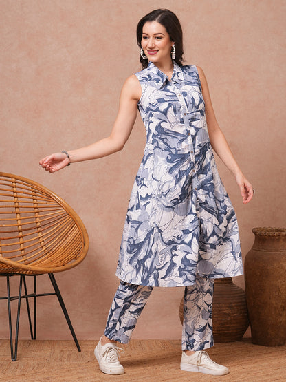 Abstract Floral Printed A-Line Flared Co-ord Set - Blue