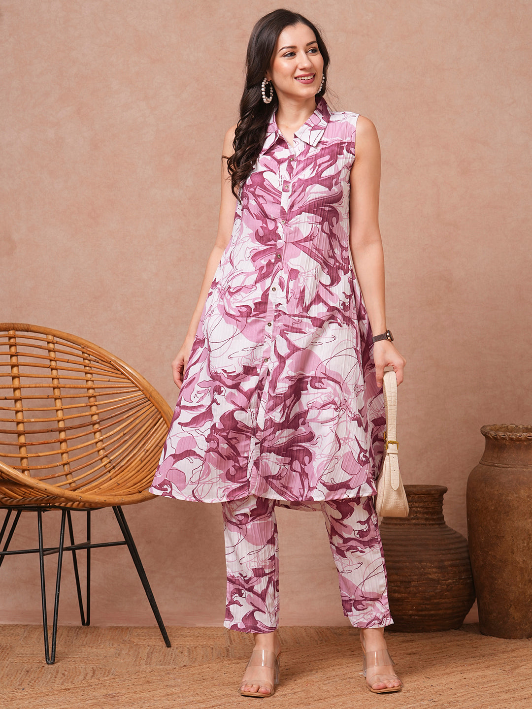 Abstract Floral Printed A-Line Flared Co-ord Set - Pink