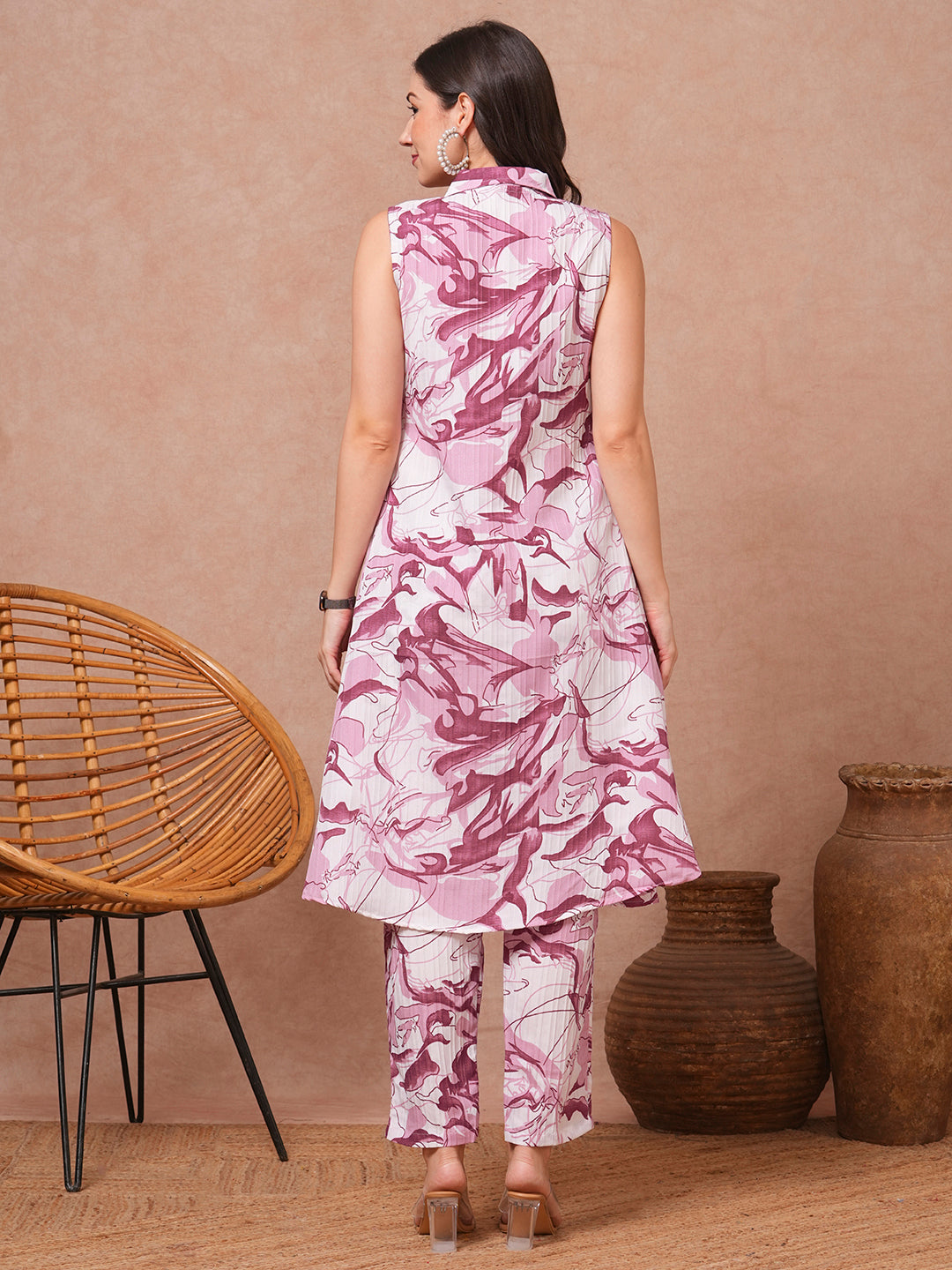 Abstract Floral Printed A-Line Flared Co-ord Set - Pink