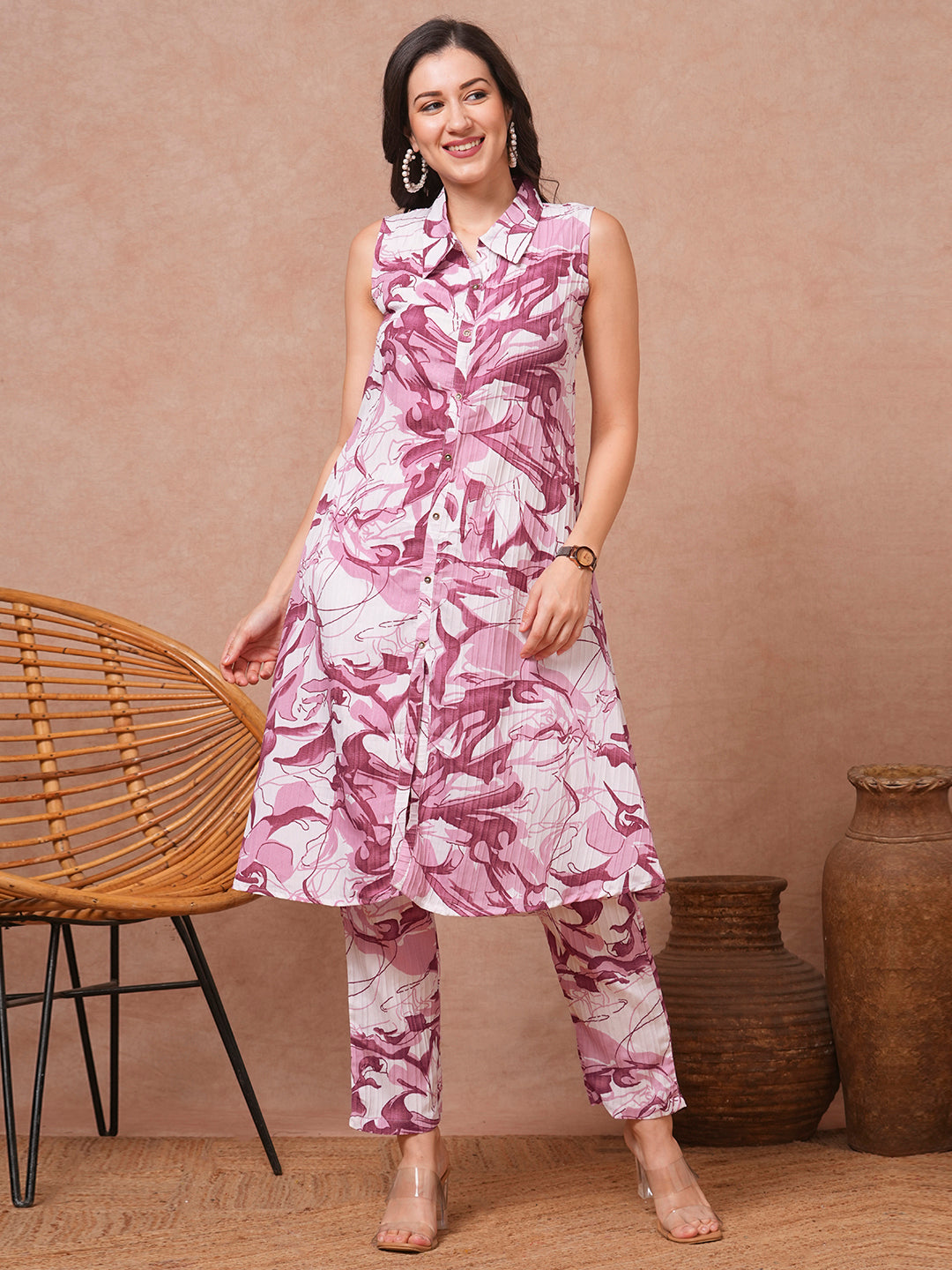 Abstract Floral Printed A-Line Flared Co-ord Set - Pink