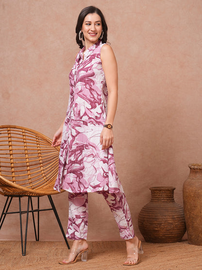 Abstract Floral Printed A-Line Flared Co-ord Set - Pink