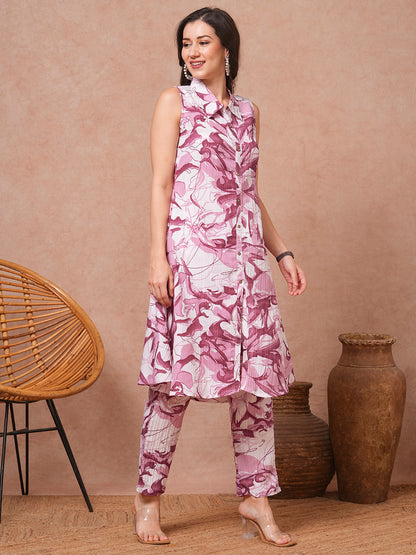 Abstract Floral Printed A-Line Flared Co-ord Set - Pink