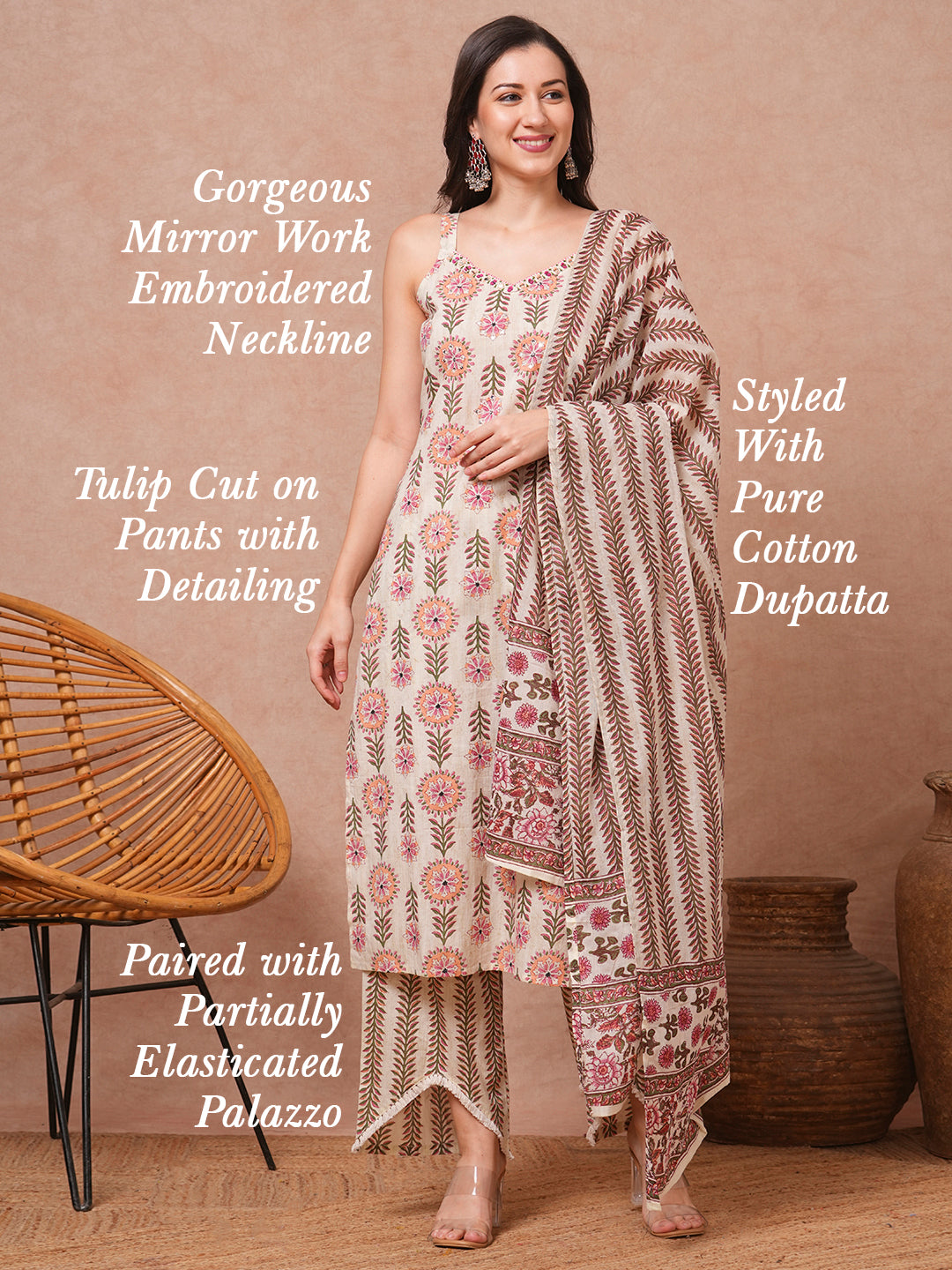 Ethnic Printed & Embroidered Straight Kurta with Palazzo & Dupatta - Cream