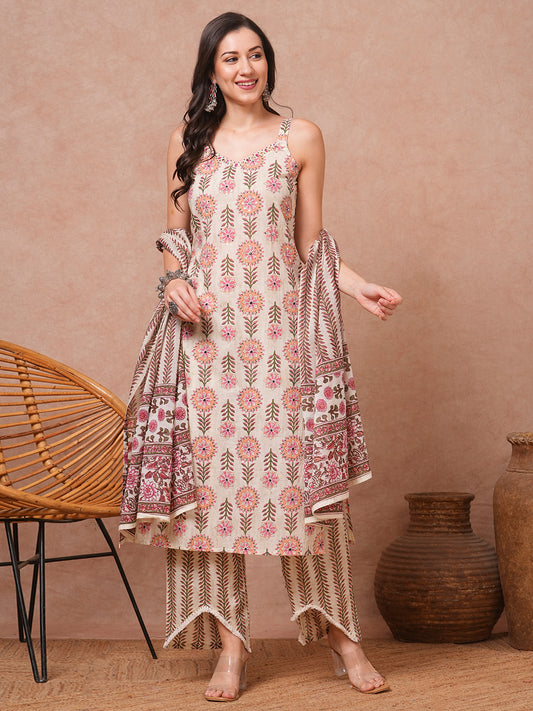 Ethnic Printed & Embroidered Straight Kurta with Palazzo & Dupatta - Cream