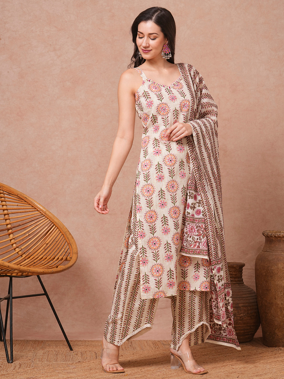 Ethnic Printed & Embroidered Straight Kurta with Palazzo & Dupatta - Cream