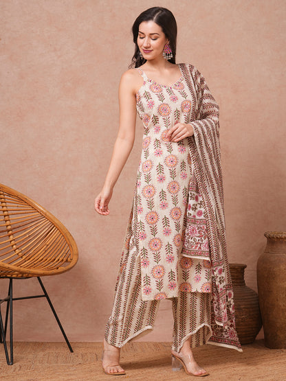 Ethnic Printed & Embroidered Straight Kurta with Palazzo & Dupatta - Cream