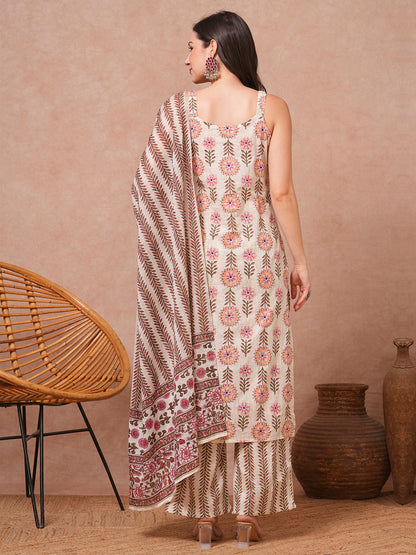 Ethnic Printed & Embroidered Straight Kurta with Palazzo & Dupatta - Cream