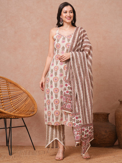 Ethnic Printed & Embroidered Straight Kurta with Palazzo & Dupatta - Cream