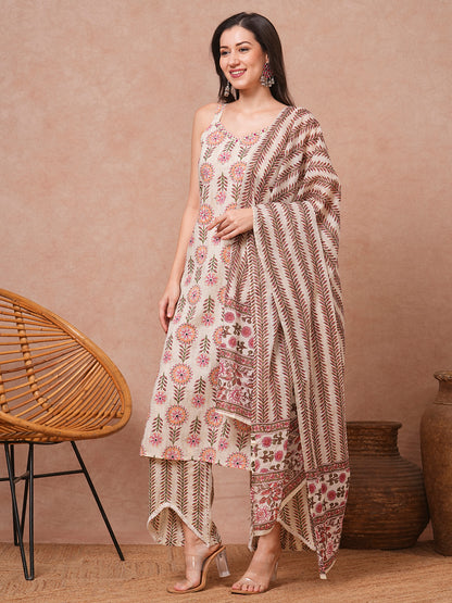 Ethnic Printed & Embroidered Straight Kurta with Palazzo & Dupatta - Cream