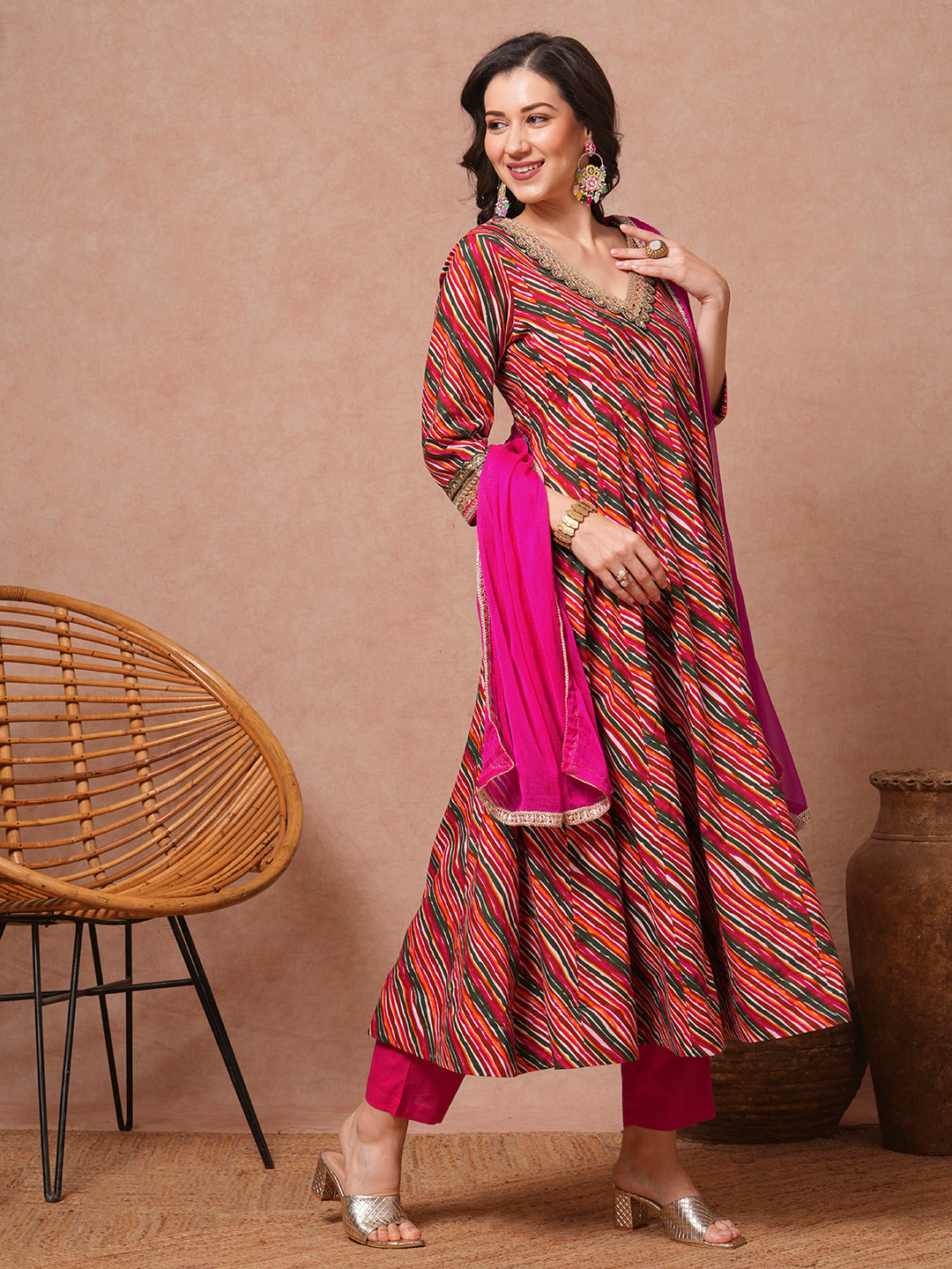 Leheriya Printed and Embroidered Anarkali Flared Kurta with Pant and Dupatta - Multi