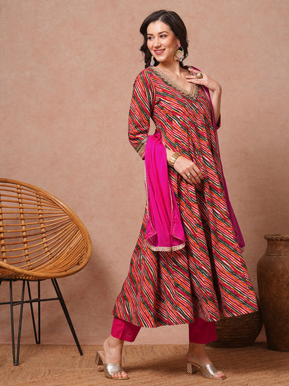 Leheriya Printed and Embroidered Anarkali Flared Kurta with Pant and Dupatta - Multi