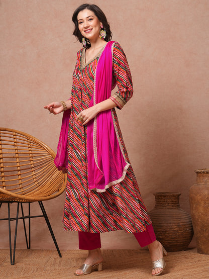 Leheriya Printed and Embroidered Anarkali Flared Kurta with Pant and Dupatta - Multi