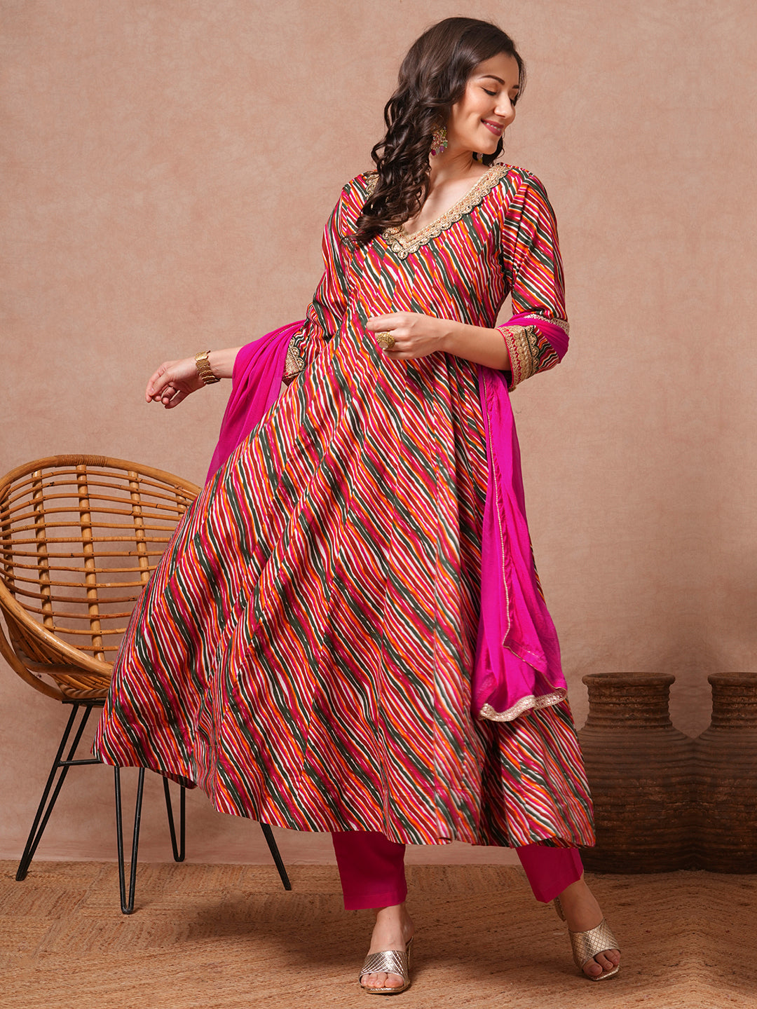 Leheriya Printed and Embroidered Anarkali Flared Kurta with Pant and Dupatta - Multi