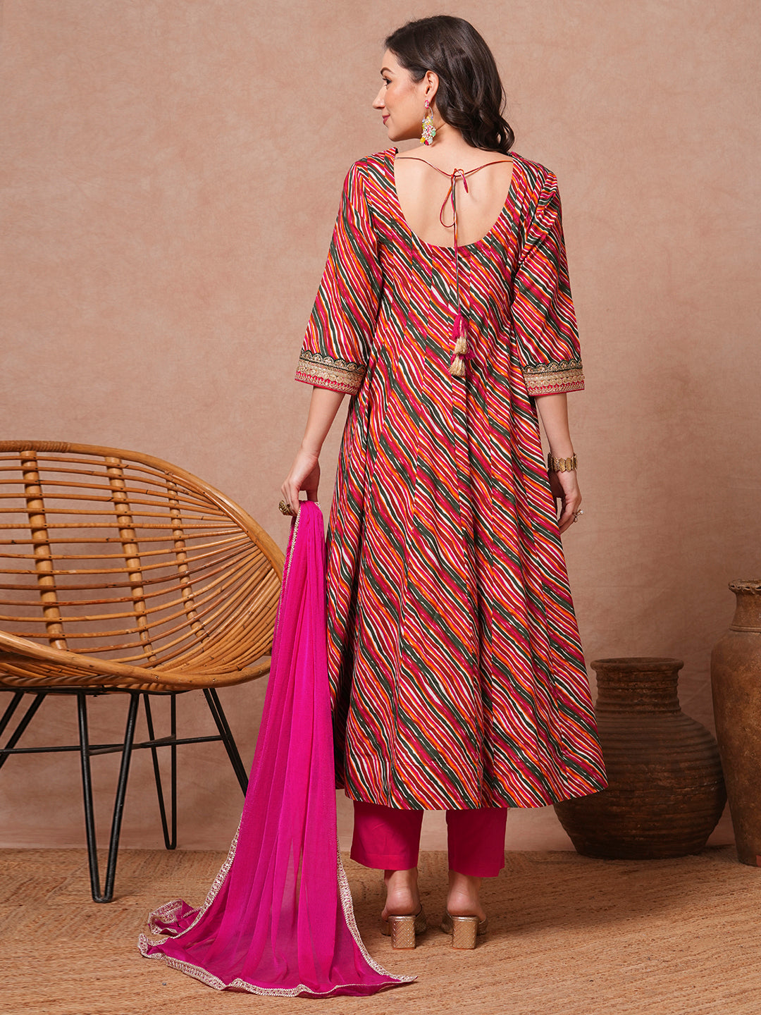 Leheriya Printed and Embroidered Anarkali Flared Kurta with Pant and Dupatta - Multi