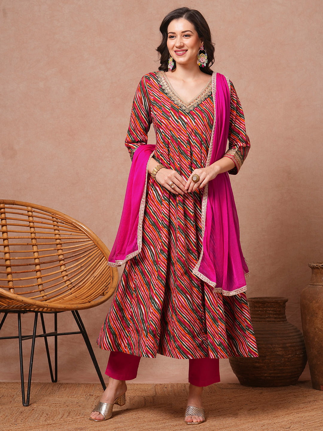 Leheriya Printed and Embroidered Anarkali Flared Kurta with Pant and Dupatta - Multi