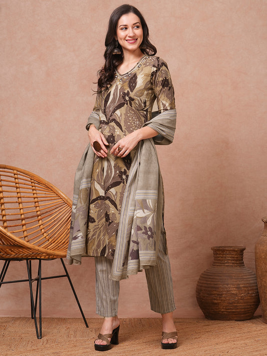 Floral Printed & Embroidered Straight Kurta with Pant & Dupatta - Brown