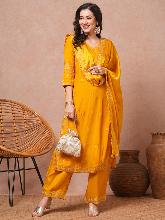 Solid Floral Embroidered Straight Kurta with Pant & Dupatta - Yellow