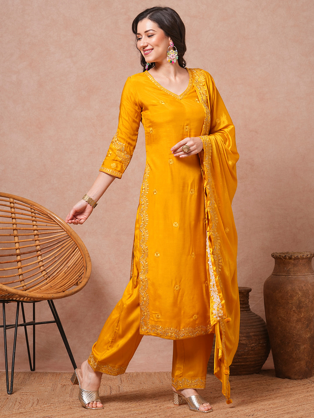 Solid Floral Embroidered Straight Kurta with Pant & Dupatta - Yellow