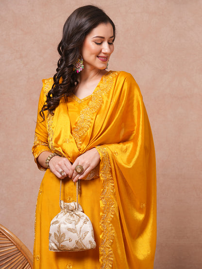 Solid Floral Embroidered Straight Kurta with Pant & Dupatta - Yellow