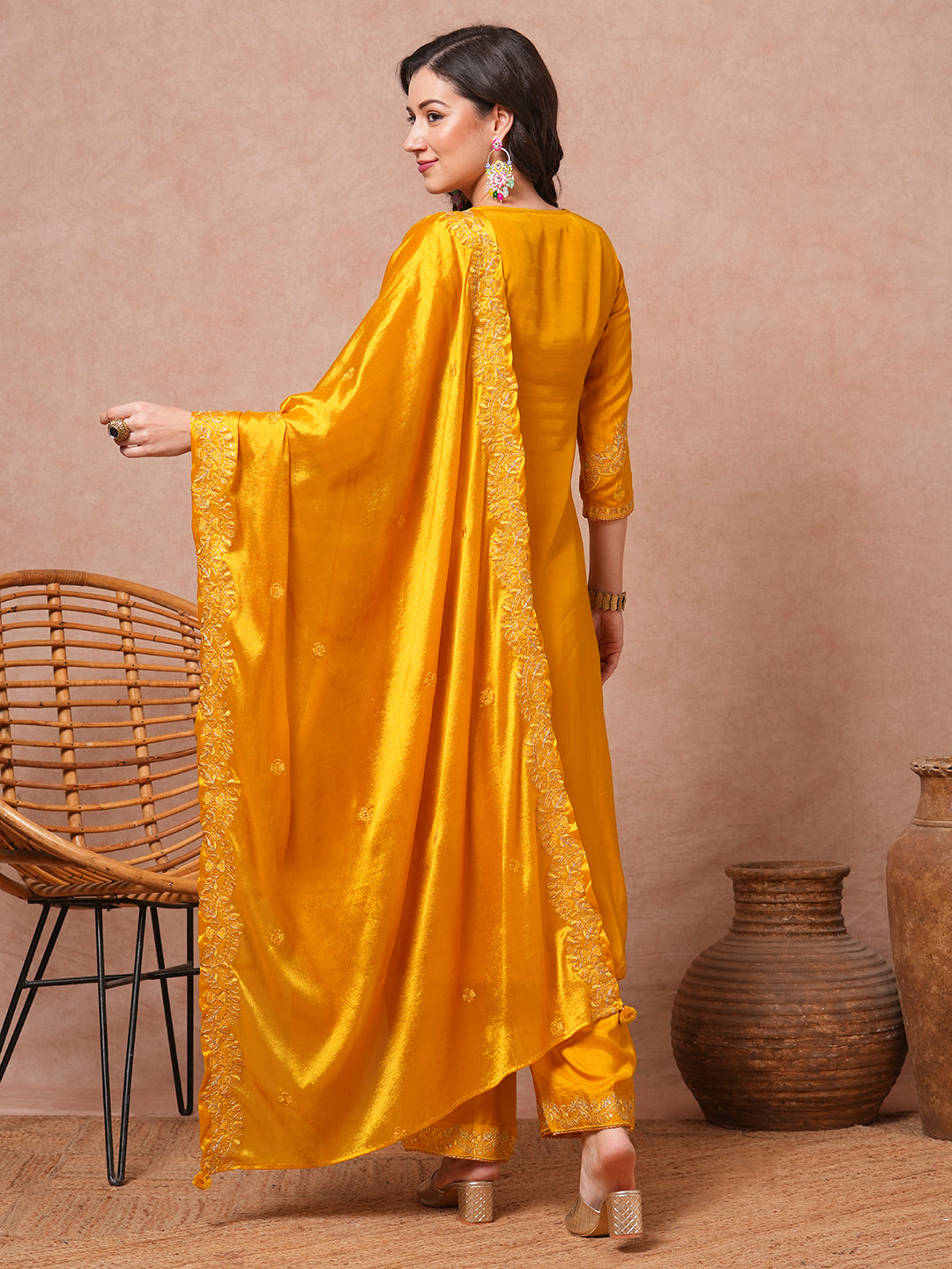 Solid Floral Embroidered Straight Kurta with Pant & Dupatta - Yellow