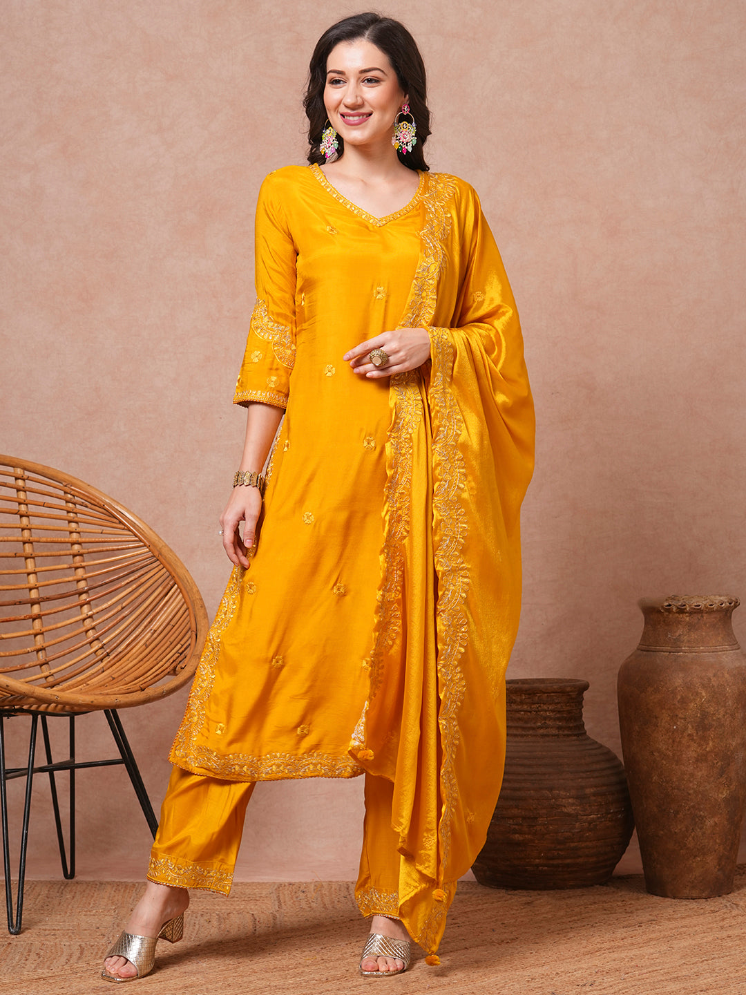 Solid Floral Embroidered Straight Kurta with Pant & Dupatta - Yellow