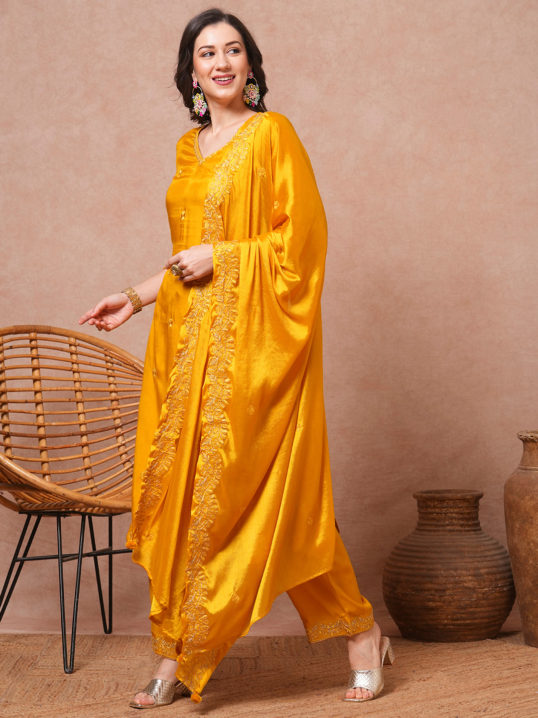 Solid Floral Embroidered Straight Kurta with Pant & Dupatta - Yellow