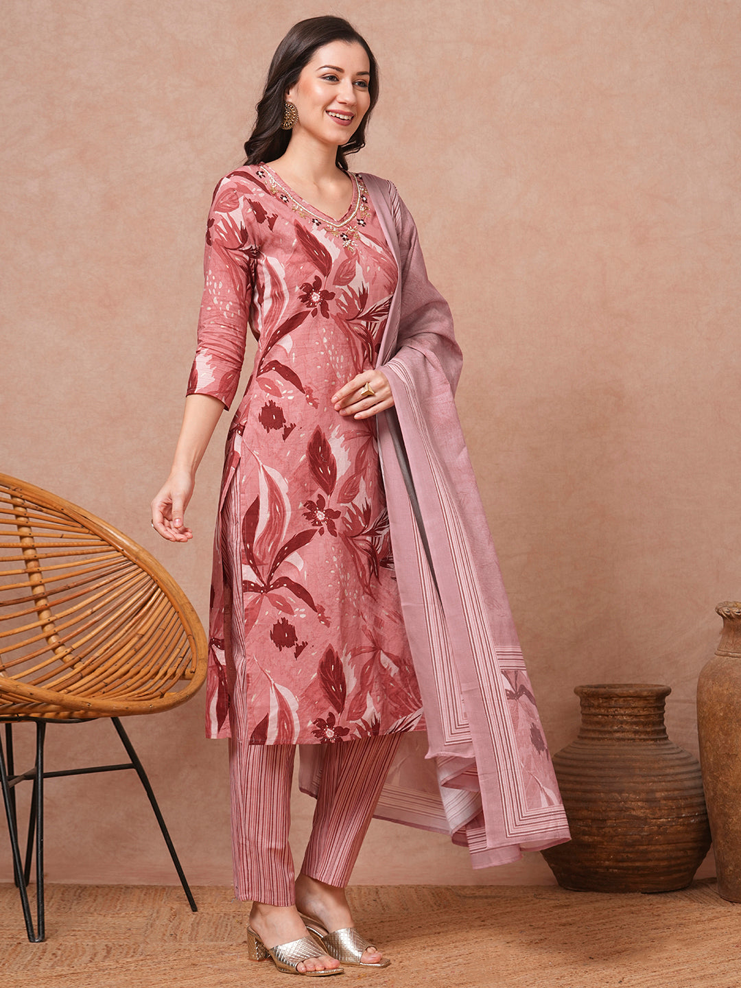 Floral Printed & Embroidered Straight Kurta with Pant & Dupatta - Mauve