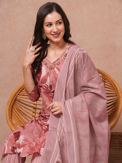 Floral Printed & Embroidered Straight Kurta with Pant & Dupatta - Mauve