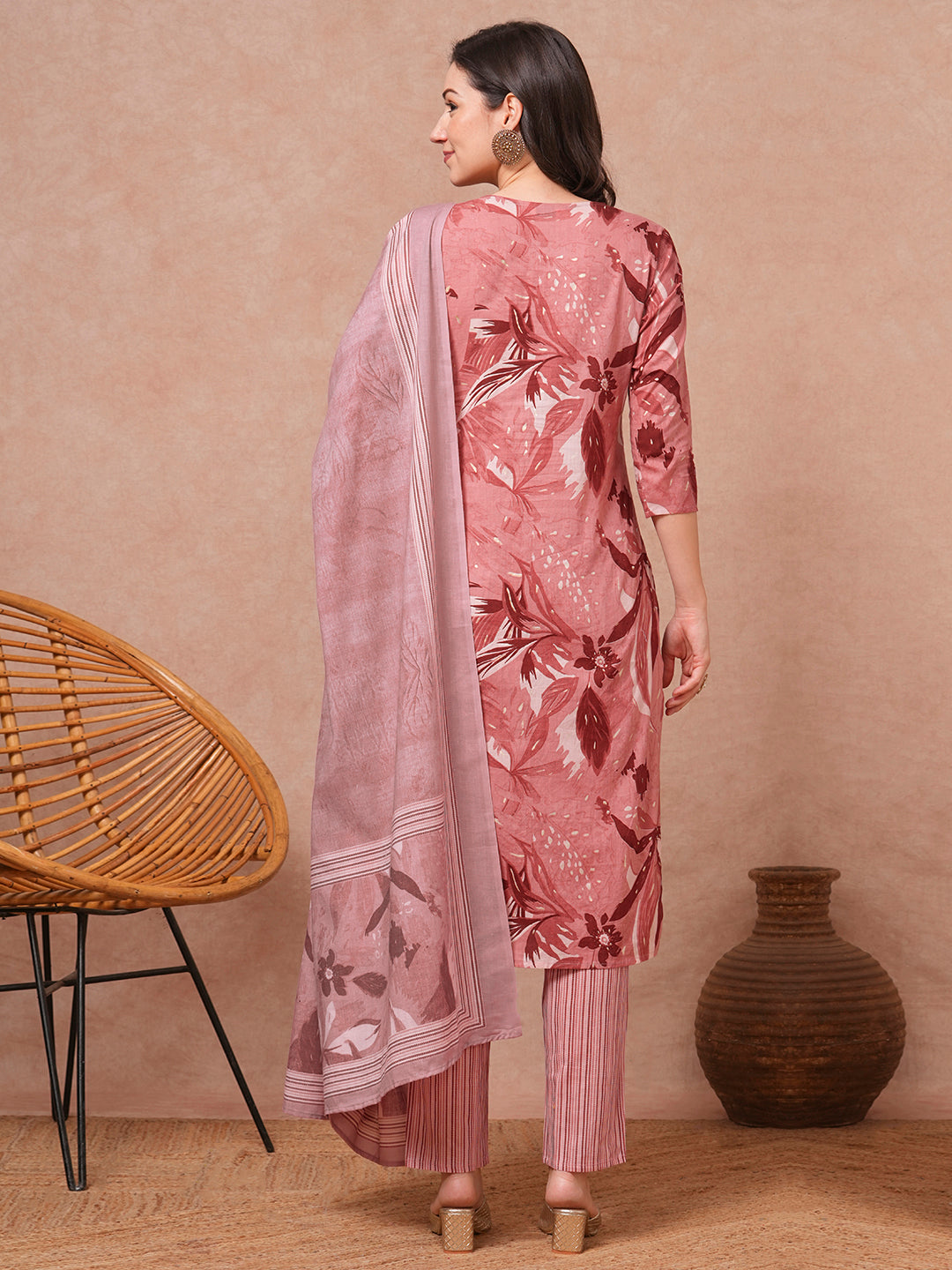 Floral Printed & Embroidered Straight Kurta with Pant & Dupatta - Mauve