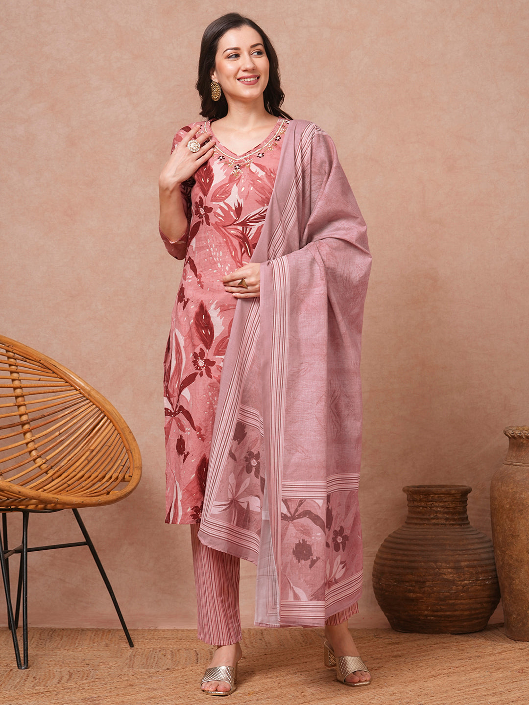 Floral Printed & Embroidered Straight Kurta with Pant & Dupatta - Mauve