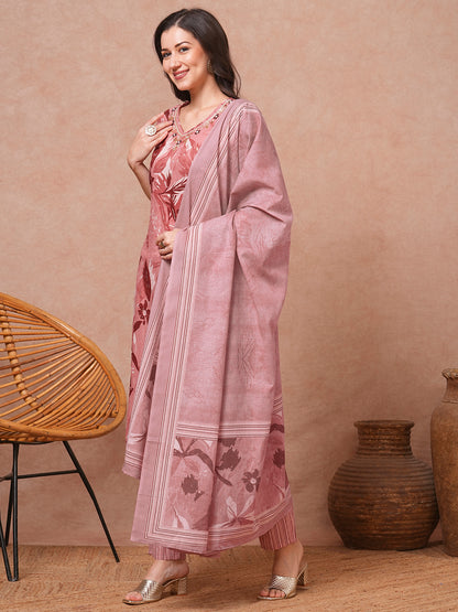 Floral Printed & Embroidered Straight Kurta with Pant & Dupatta - Mauve