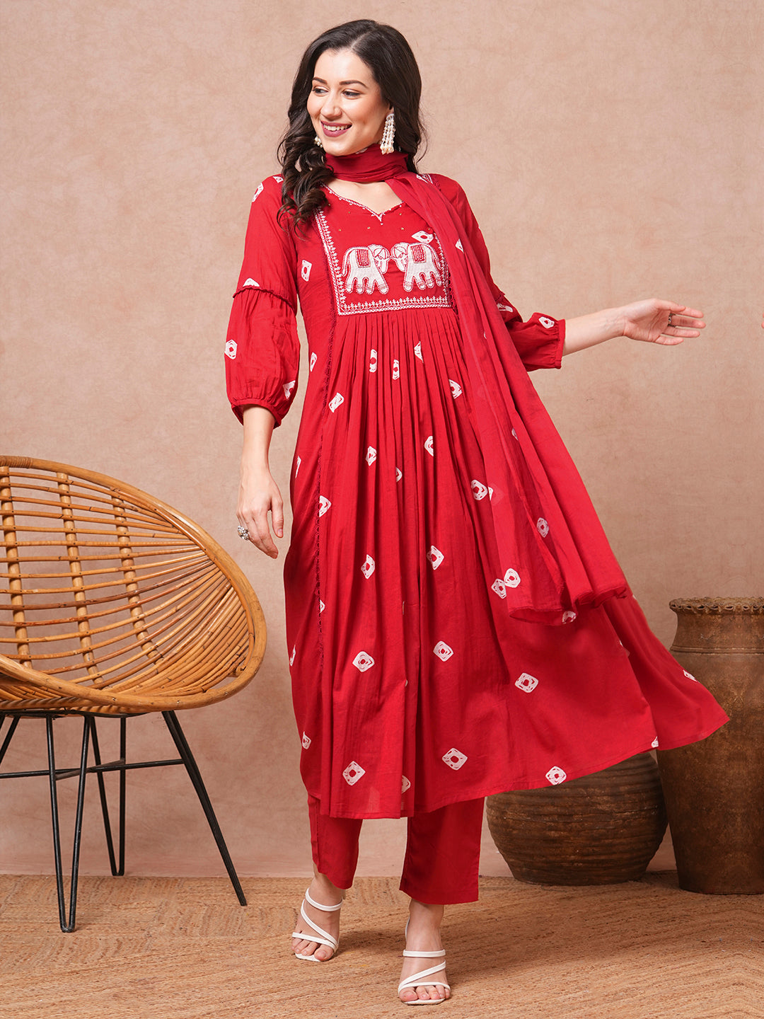 Ethnic Printed & Embroidered A-Line Pleated Kurta with Pant & Dupatta - Red