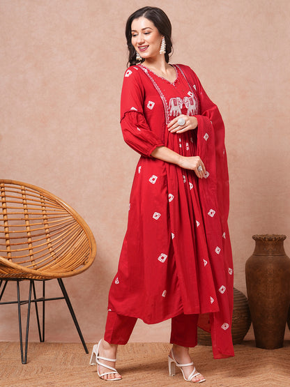 Ethnic Printed & Embroidered A-Line Pleated Kurta with Pant & Dupatta - Red