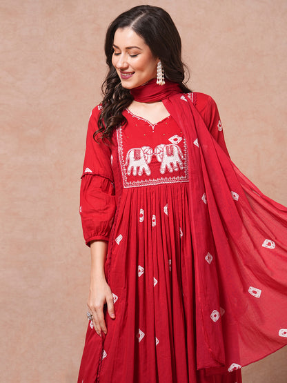 Ethnic Printed & Embroidered A-Line Pleated Kurta with Pant & Dupatta - Red