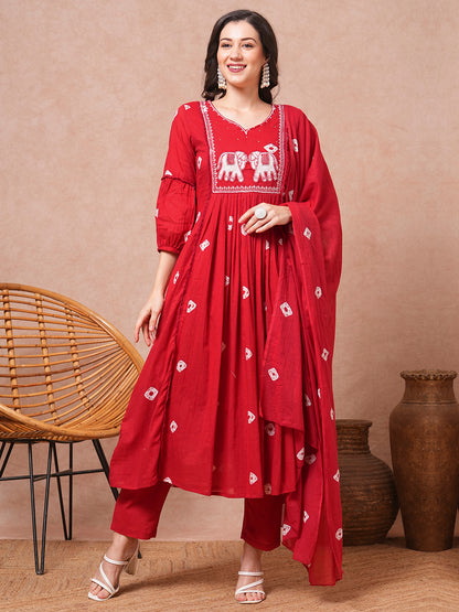 Ethnic Printed & Embroidered A-Line Pleated Kurta with Pant & Dupatta - Red