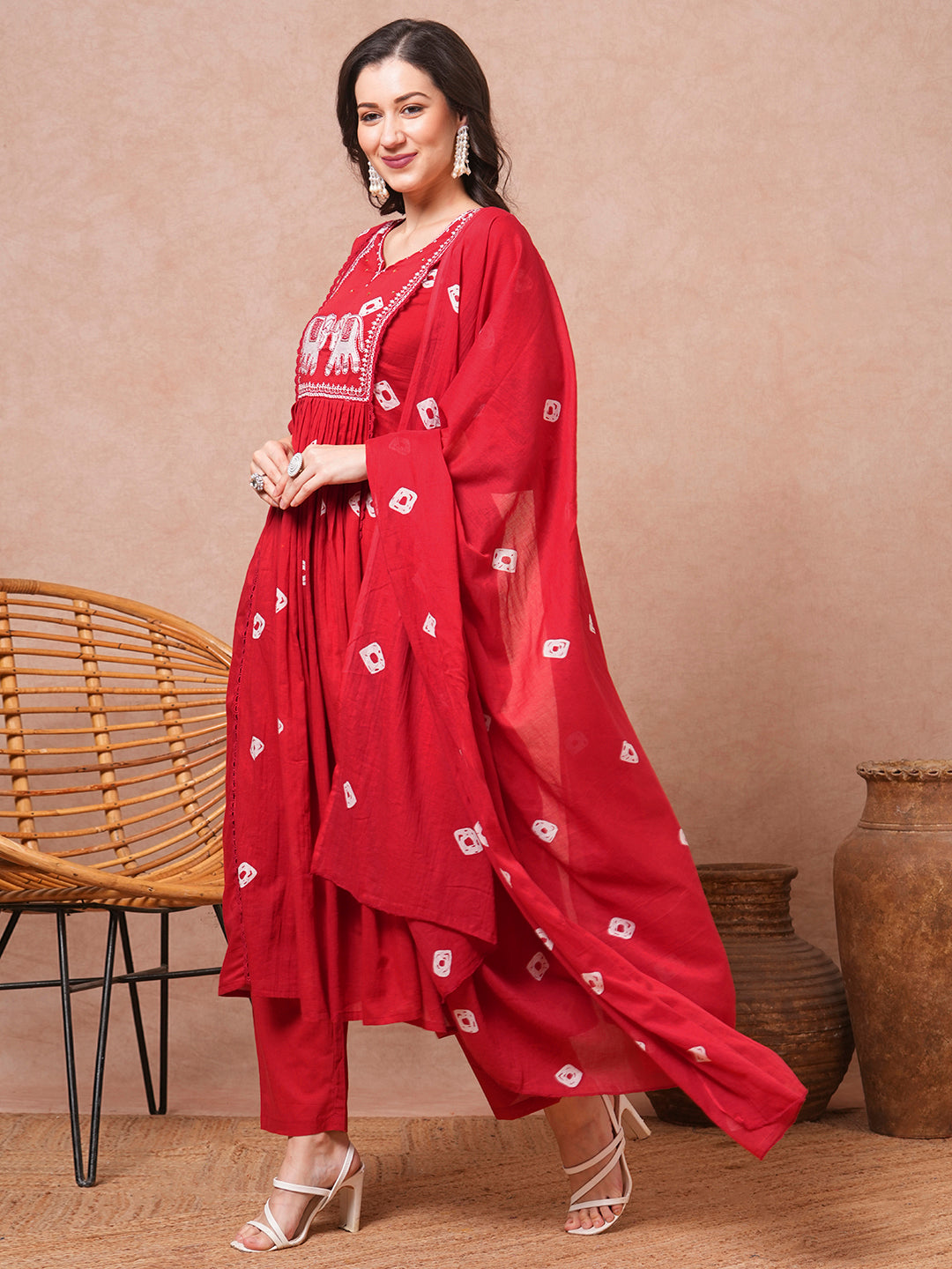 Ethnic Printed & Embroidered A-Line Pleated Kurta with Pant & Dupatta - Red