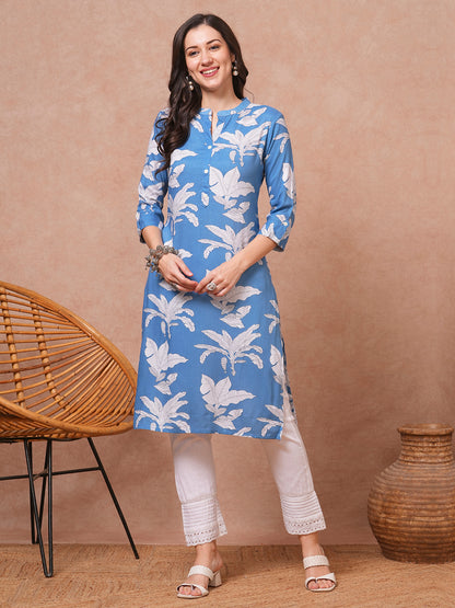 Abstract Floral Printed Straight Fit Kurta - Blue