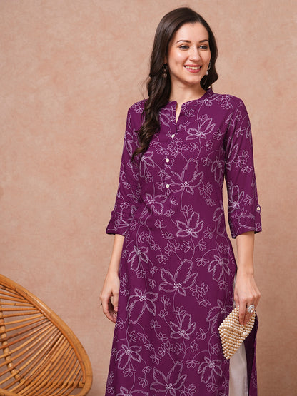 Ethnic Floral Printed Straight Fit Kurta - Purple