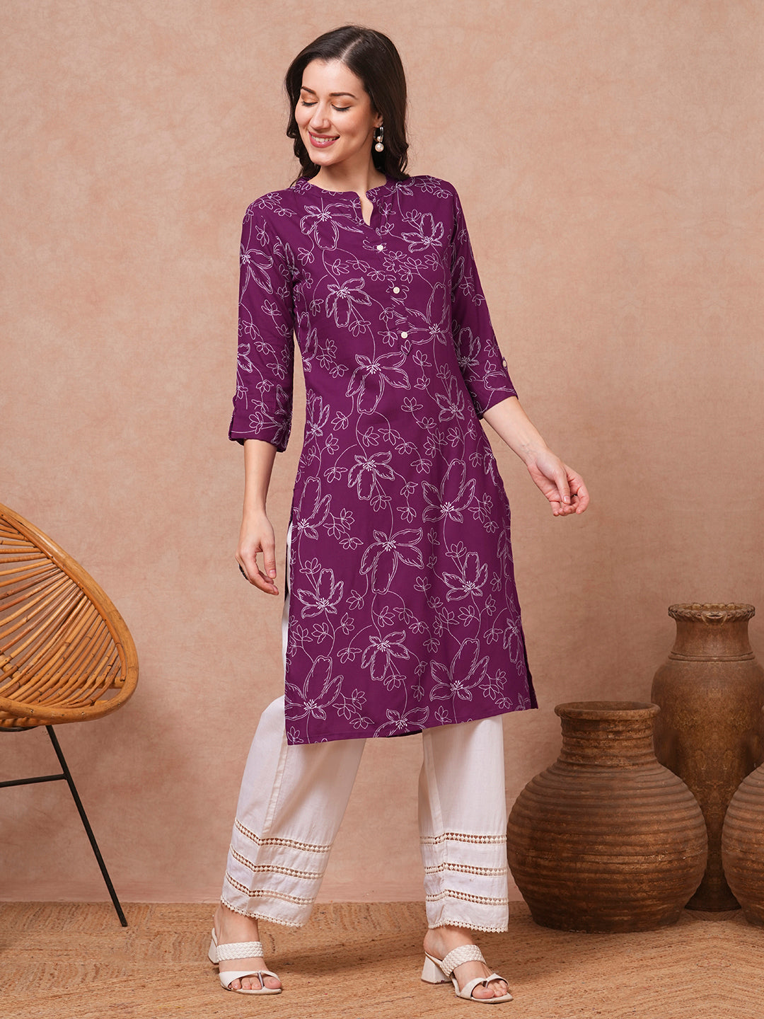 Ethnic Floral Printed Straight Fit Kurta - Purple