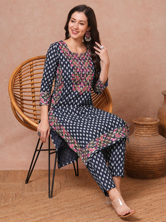 Ethnic Floral Printed & Embroidered Straight Fit Kurta with Pant - Navy Blue