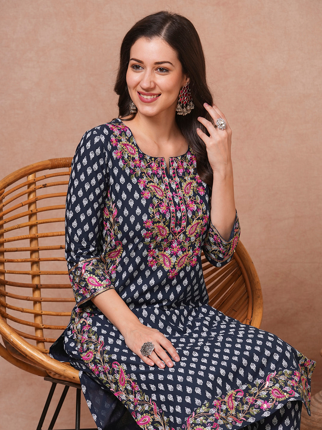 Ethnic Floral Printed & Embroidered Straight Fit Kurta with Pant - Navy Blue