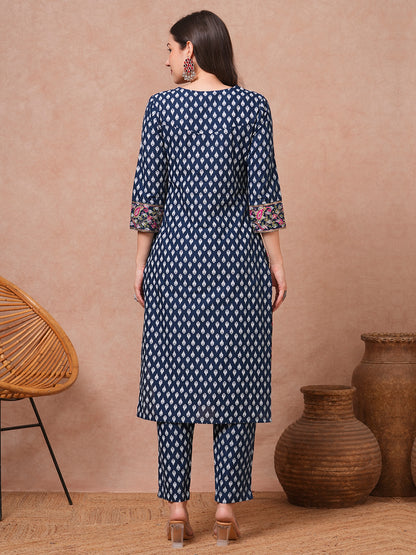 Ethnic Floral Printed & Embroidered Straight Fit Kurta with Pant - Navy Blue